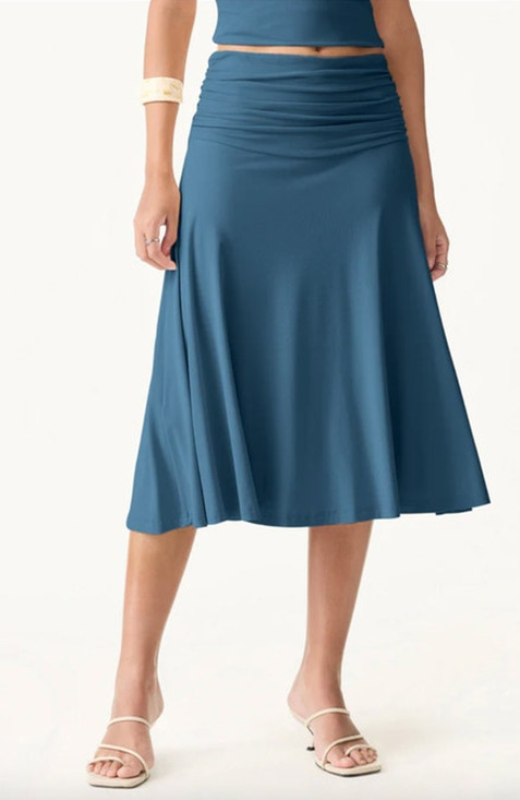 OGL Dresses & Skirts - OGL Skirt Size S NEW Flowy Side Ruched A-line Midi Skirt EcoSkinKiss Marine Blue